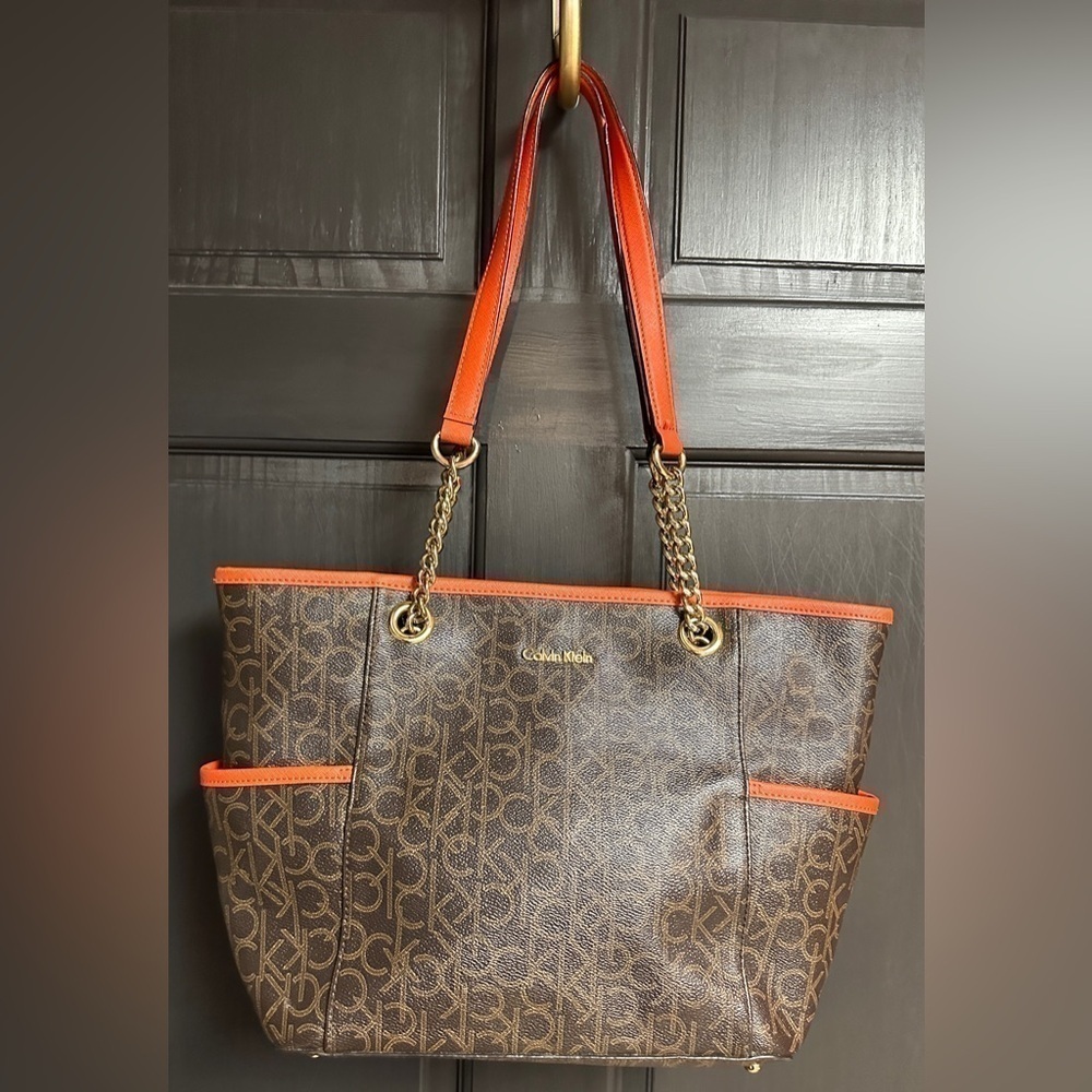 Calvin Klein Dark Brown Initial Logo Tote with Orange Trim & Handles Large Size